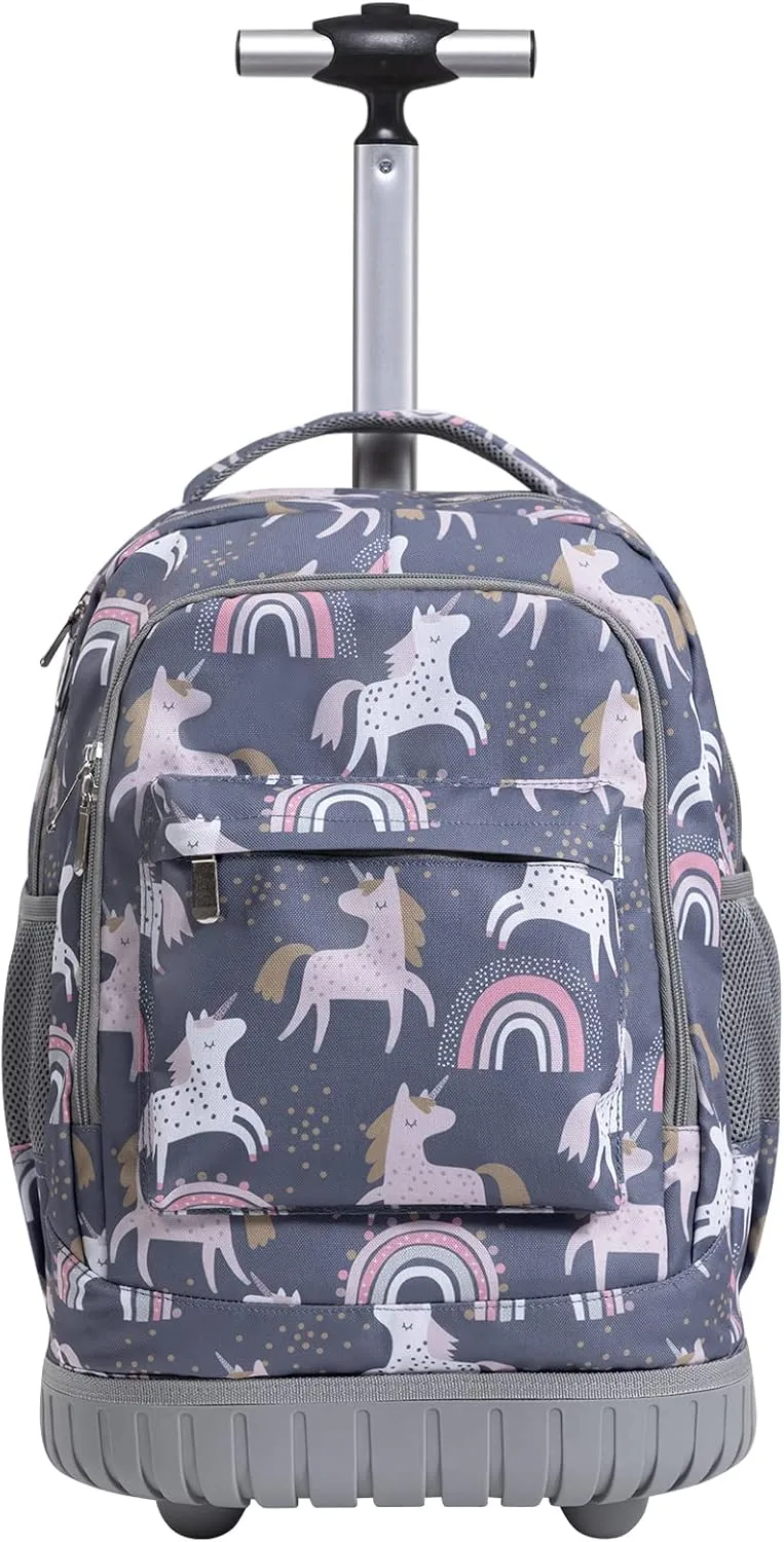 SKYMOVE 18 inches Wheeled Rolling Backpack for Boys and Girls Multi-Compartment School Students Books Laptop Trolley Bag Short Trip Carry-on, Dark Gray Unicorn
