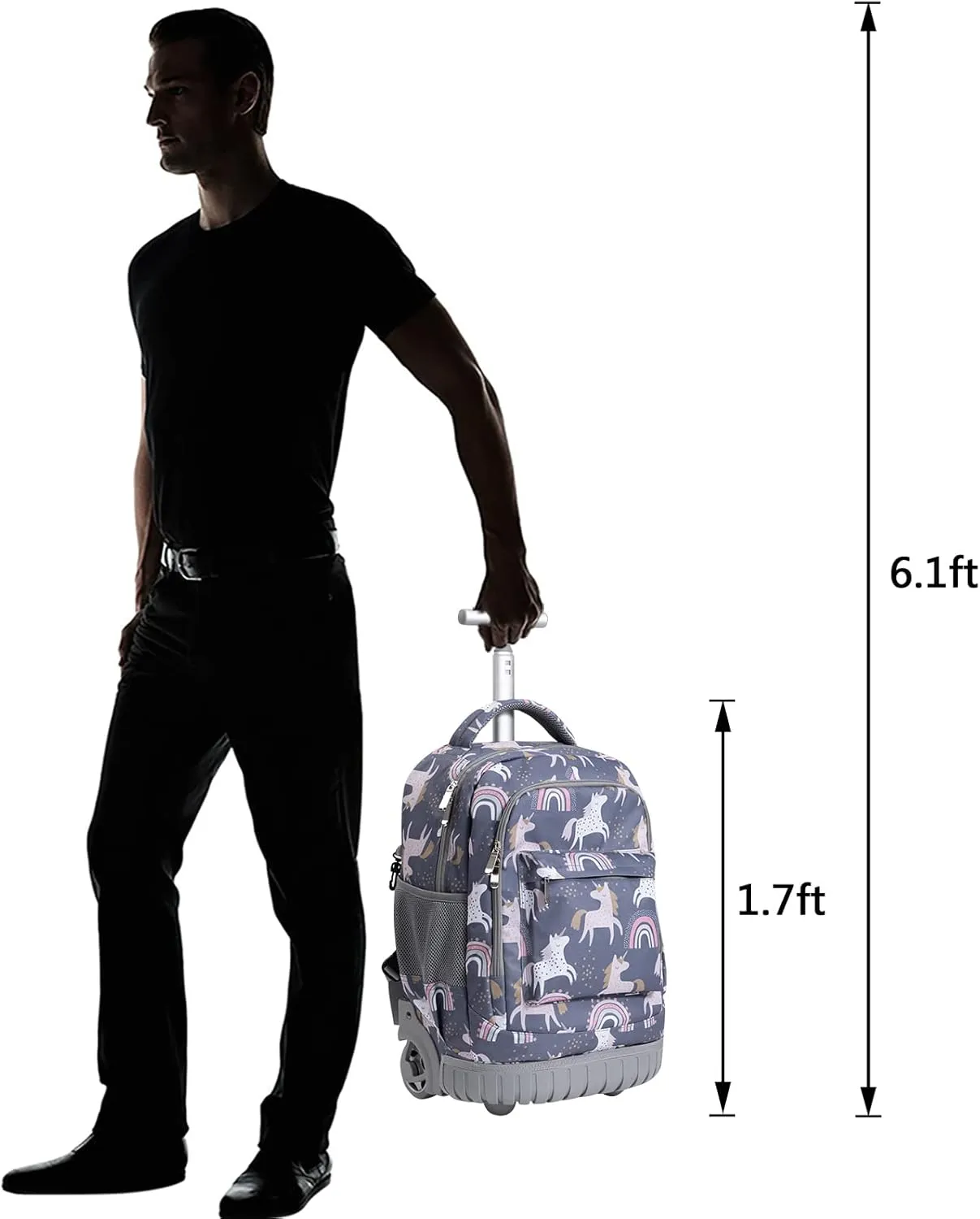 SKYMOVE 18 inches Wheeled Rolling Backpack for Boys and Girls Multi-Compartment School Students Books Laptop Trolley Bag Short Trip Carry-on, Dark Gray Unicorn