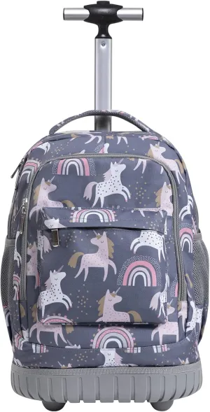 SKYMOVE 18 inches Wheeled Rolling Backpack for Boys and Girls Multi-Compartment School Students Books Laptop Trolley Bag Short Trip Carry-on, Dark Gray Unicorn