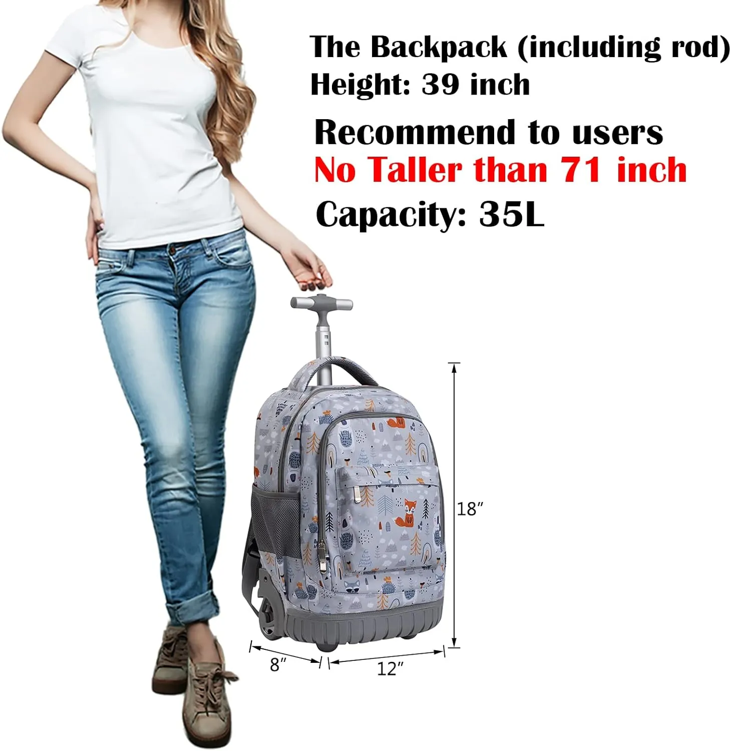 SKYMOVE 18 inches Wheeled Rolling Backpack for Boys and Girls Multi-Compartment School Students Books Laptop Trolley Bag Short Trip Carry-on, Light Gray Polar Bear