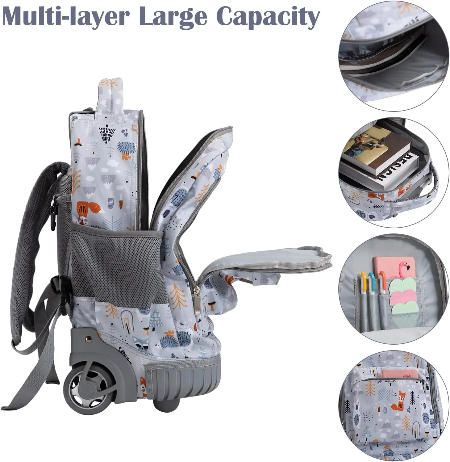 SKYMOVE 18 inches Wheeled Rolling Backpack for Boys and Girls Multi-Compartment School Students Books Laptop Trolley Bag Short Trip Carry-on, Light Gray Polar Bear