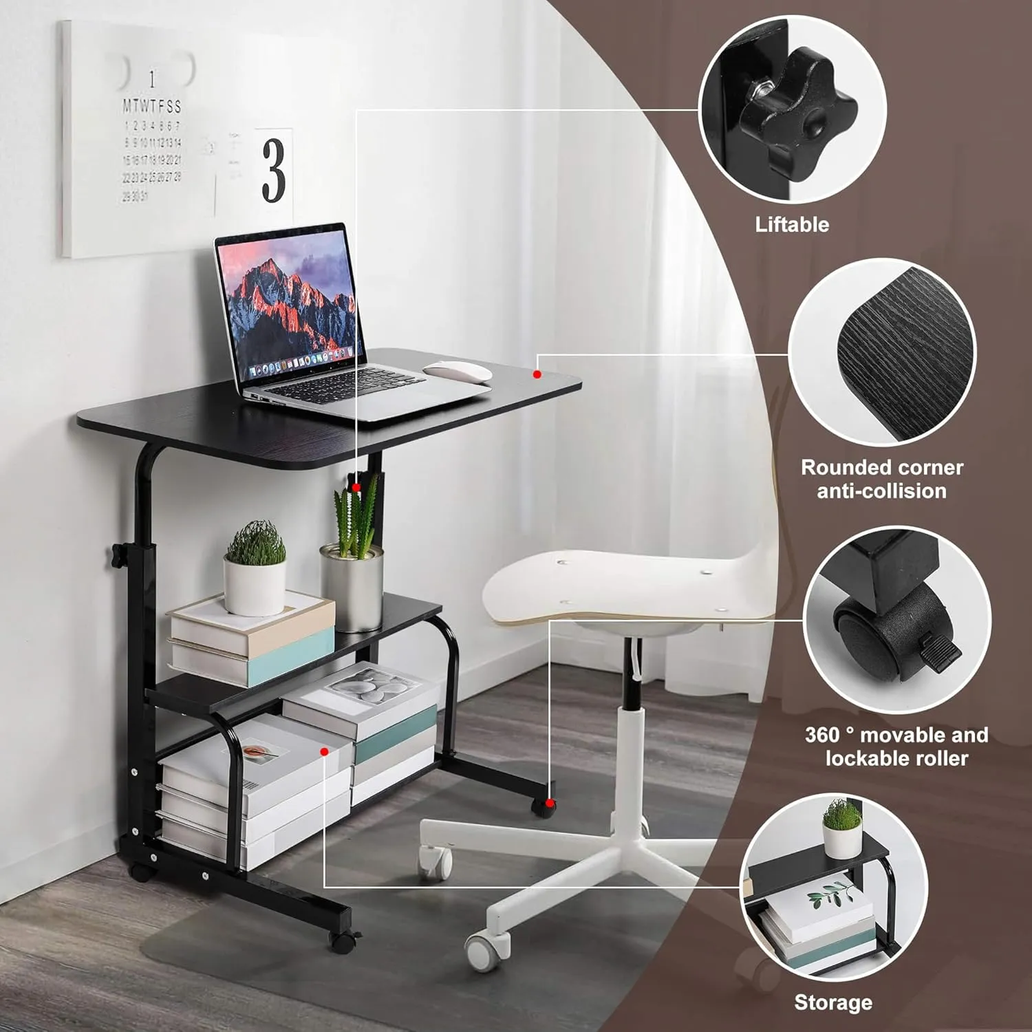 Small Desk for Laptop Small Space Portable Table Living Room Sofa Bedroom Bedside with Storage Home Office Adjustable Height Desk Removable Home Office Table Furniture Size 32 * 16 Inche Black D