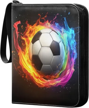 Soccer Ball in Colorful Fire Cards Binder 4 Pocket Fits 400 Cards with 50 Removable Sleevesves, Trading Card Collector Zipper Album Holder Portable Card Games Display Storage Cases
