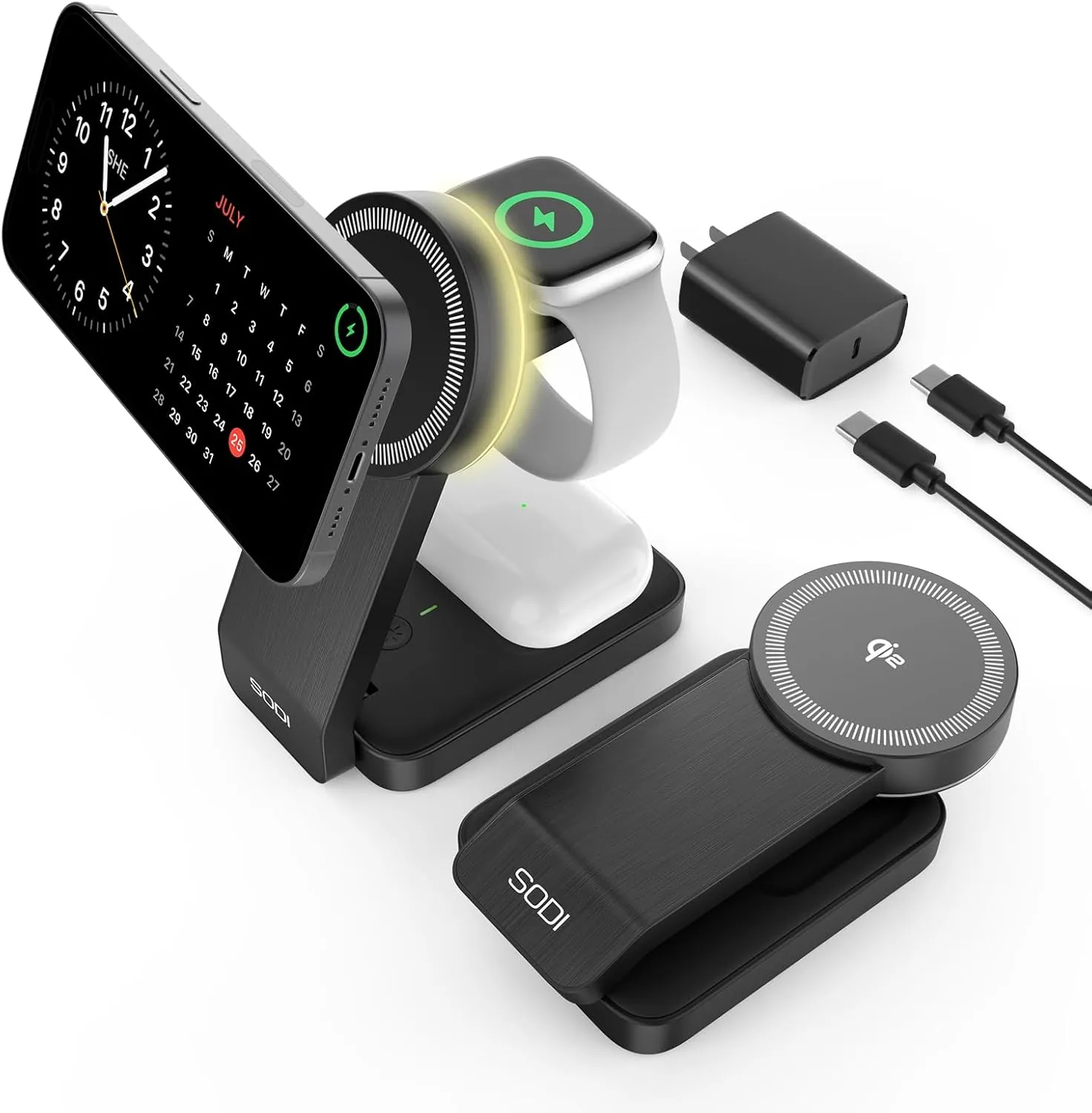 SODI Qi2-Certified 3-in-1 Foldable Wireless Charging Station with Night Light, Fast Portable Travel Charger Stand for iPhone/Android/Apple Watch/AirPods, Nightstand QI2 Charger for Multiple Devices