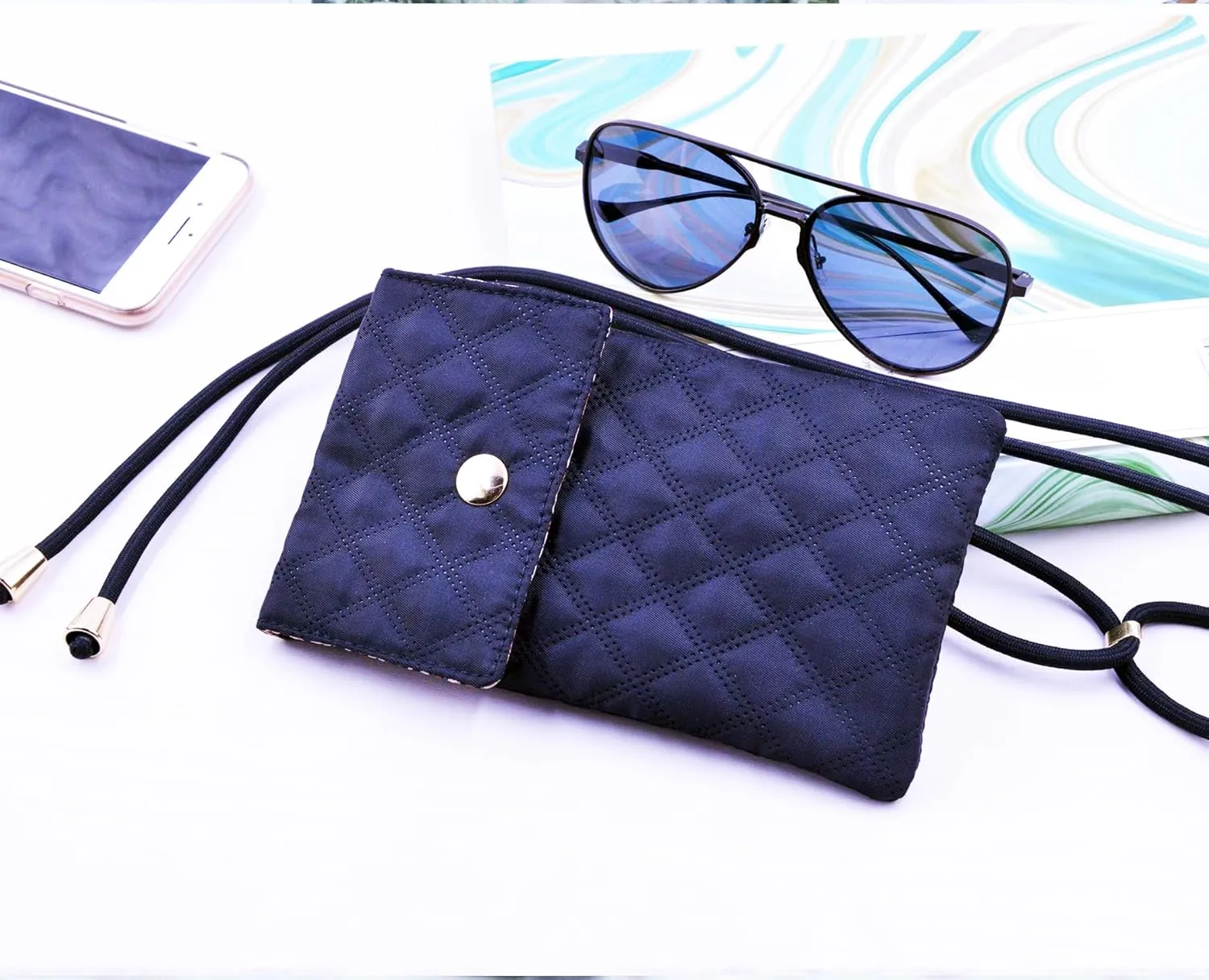 Soft Glasses Case Double Eyeglasses Case for Women with Adjustable Shoulder Strap and Key Chain Cell Phone Purse