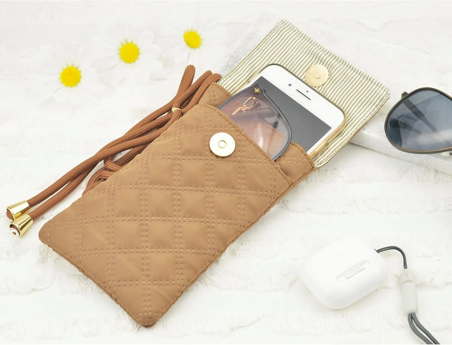 Soft Glasses Case Double Eyeglasses Case for Women with Adjustable Shoulder Strap and Key Chain Cell Phone Purse