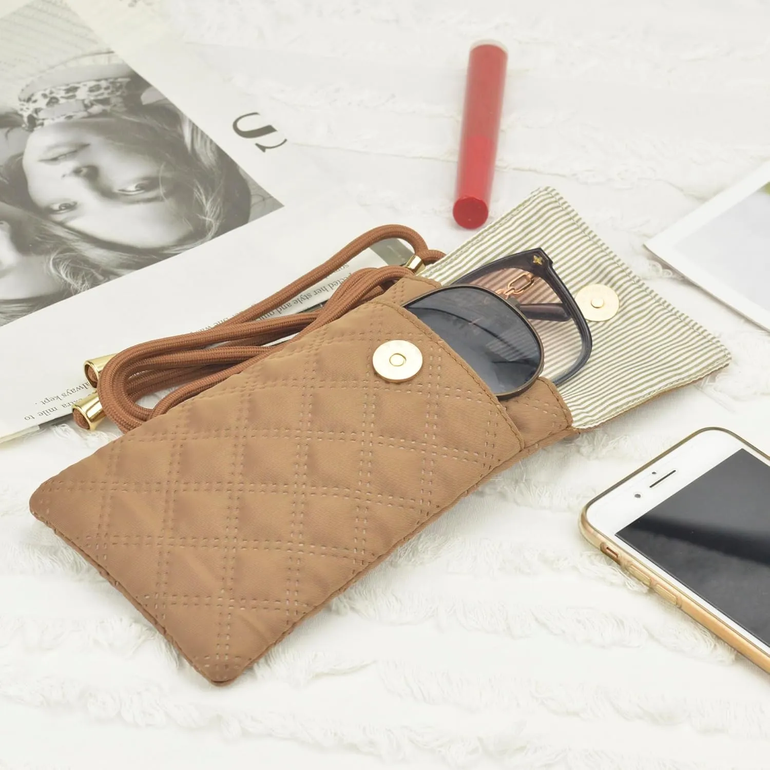 Soft Glasses Case Double Eyeglasses Case for Women with Adjustable Shoulder Strap and Key Chain Cell Phone Purse