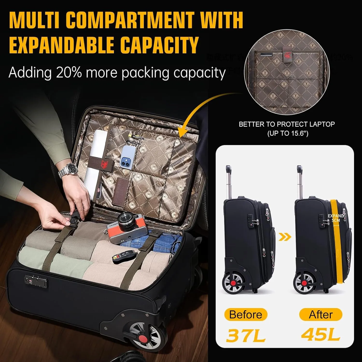 Softside Expandable Luggage with Large Spinner Wheels Carry-On Luggage Suicase (Blue, 21-Inch)
