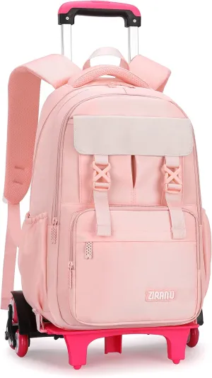 Solid-Color Rolling Backpack for Girls, Trolley Pink Wheel School Bag, Wheeled Bookbag on 6 Wheels