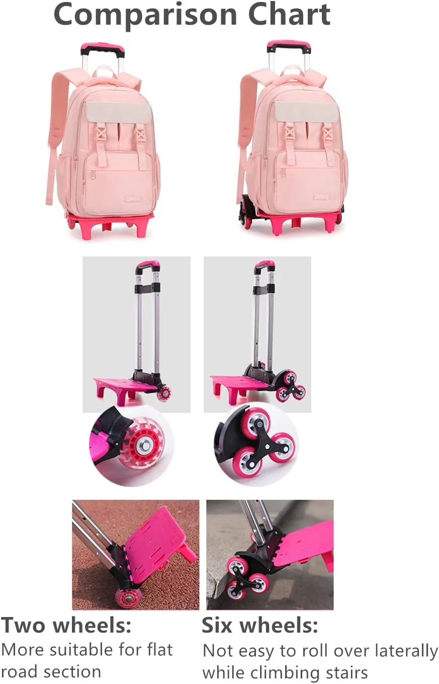Solid-Color Rolling Backpack for Girls, Trolley Pink Wheel School Bag, Wheeled Bookbag on 6 Wheels