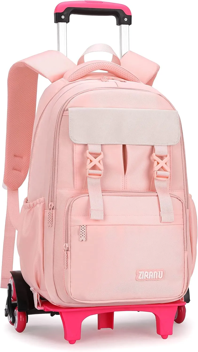 Solid-Color Rolling Backpack for Girls, Trolley Pink Wheel School Bag, Wheeled Bookbag on 6 Wheels