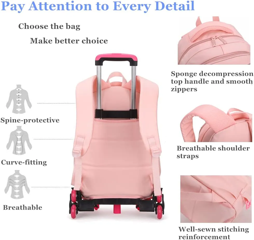 Solid-Color Rolling Backpack for Girls, Trolley Pink Wheel School Bag, Wheeled Bookbag on 6 Wheels