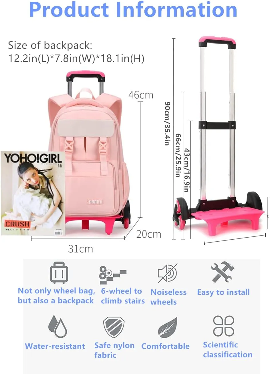 Solid-Color Rolling Backpack for Girls, Trolley Pink Wheel School Bag, Wheeled Bookbag on 6 Wheels