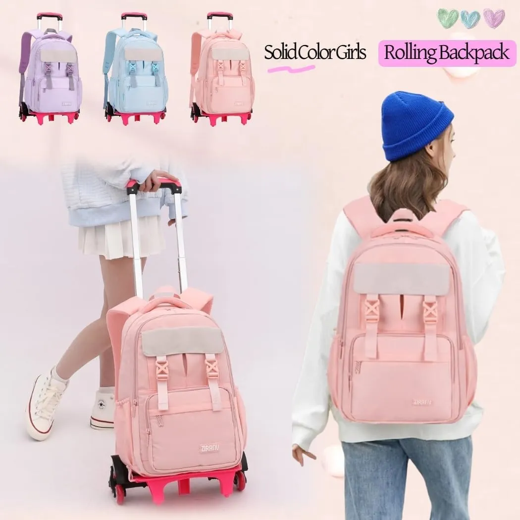 Solid-Color Rolling Backpack for Girls, Trolley Pink Wheel School Bag, Wheeled Bookbag on 6 Wheels