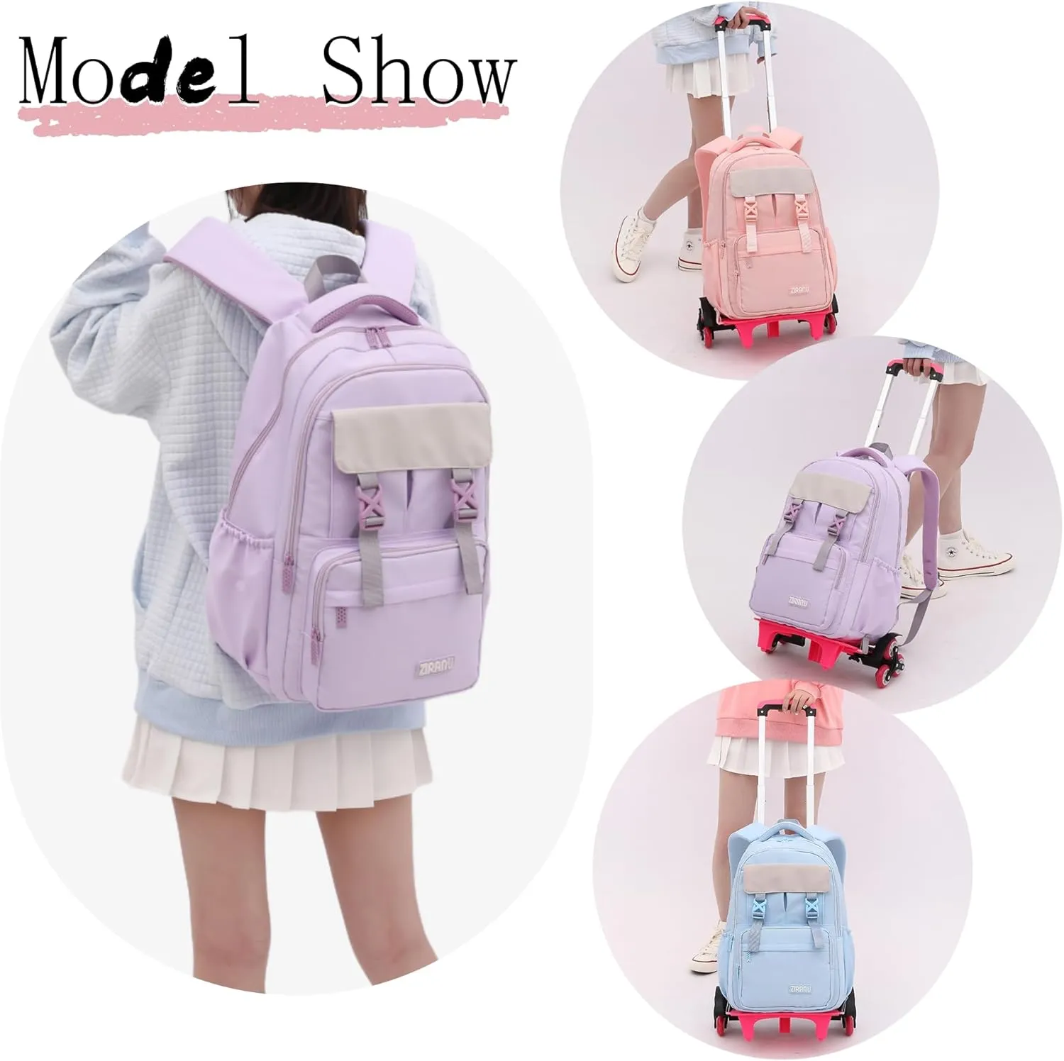 Solid-Color Rolling Backpack for Girls, Trolley Pink Wheel School Bag, Wheeled Bookbag on 6 Wheels