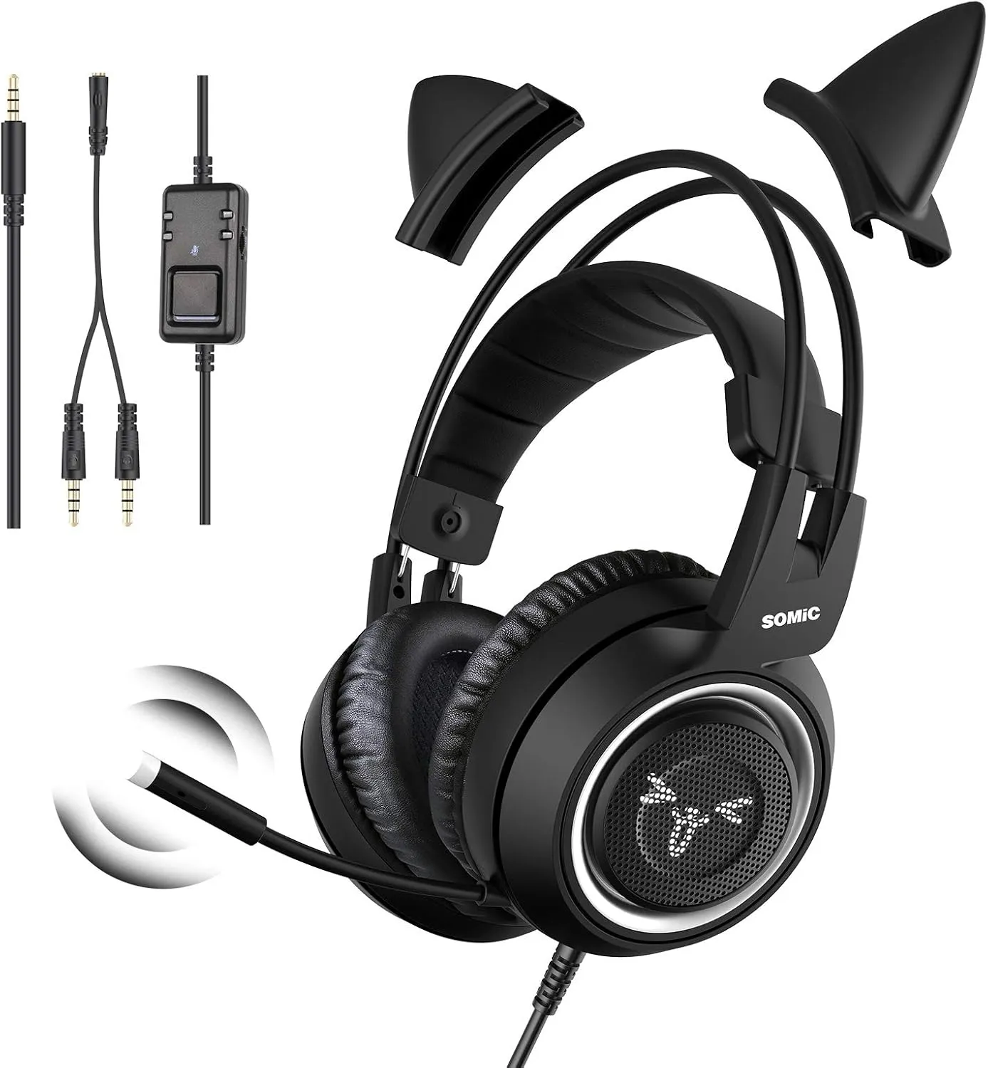 SOMIC Stereo Gaming Headset with Mic for PS4, PS5, Xbox One, PC, Mobile Phone, 3.5MM Sound Detachable Cat Ear Headphones Lightweight Self-Adjusting Over Ear Office Headphones G951S Black