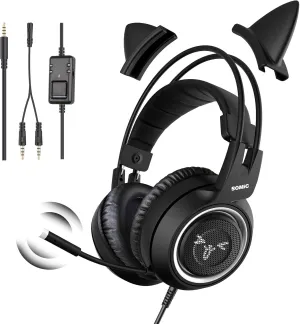 SOMIC Stereo Gaming Headset with Mic for PS4, PS5, Xbox One, PC, Mobile Phone, 3.5MM Sound Detachable Cat Ear Headphones Lightweight Self-Adjusting Over Ear Office Headphones G951S Black