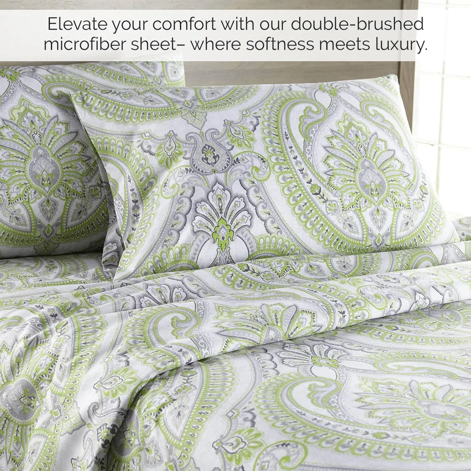 Southshore Fine Living, Inc. Pure Melody Collection, 4-Piece Queen Size Bed Sheets Set, 14" Extra Deep Pocket Queen Fitted Sheet, Green Flat Sheet, Green Sheets and Pillow Cases, Premium Bedding Set