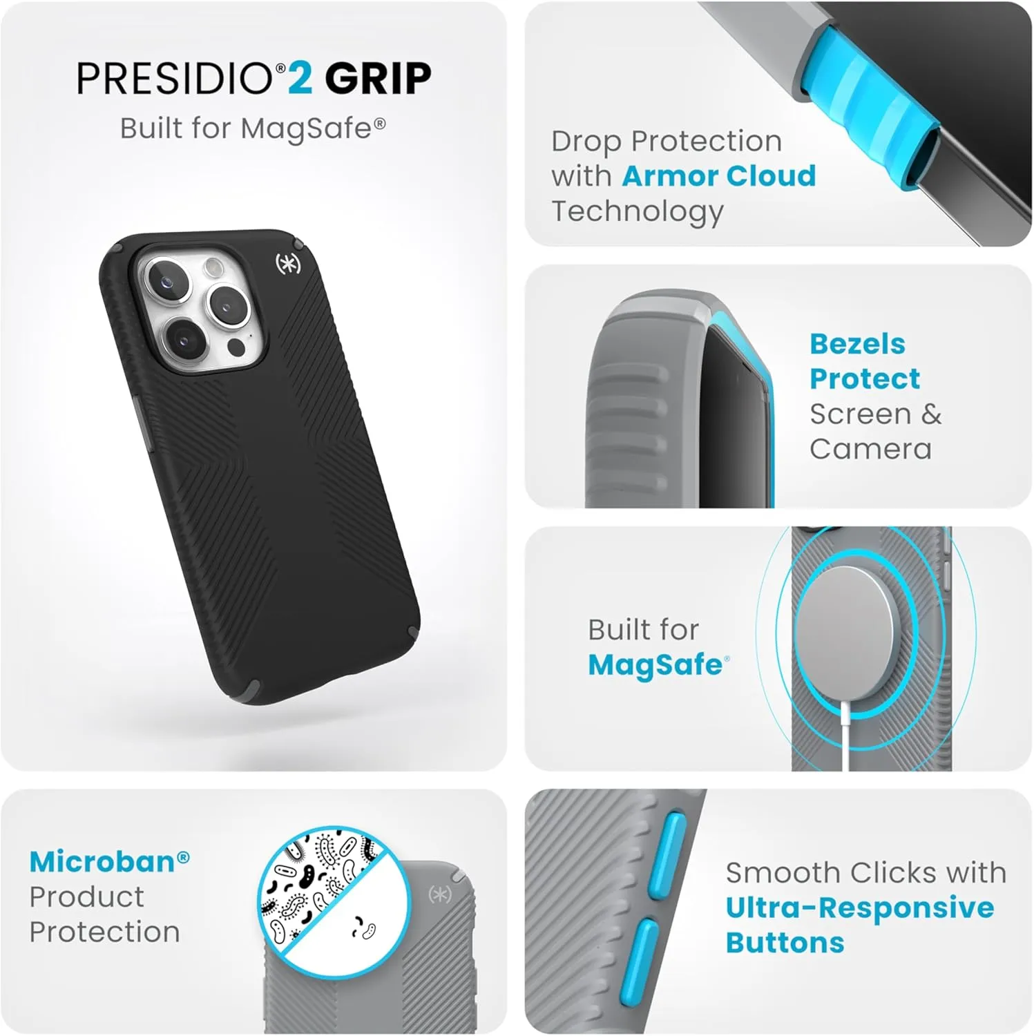 Speck iPhone 15 Pro Case - Built for MagSafe, Drop Protection Grip - Scratch Resistant, Soft Touch, 6.1 Inch Phone Case - Presidio2 Grip Black/Slate Grey/White