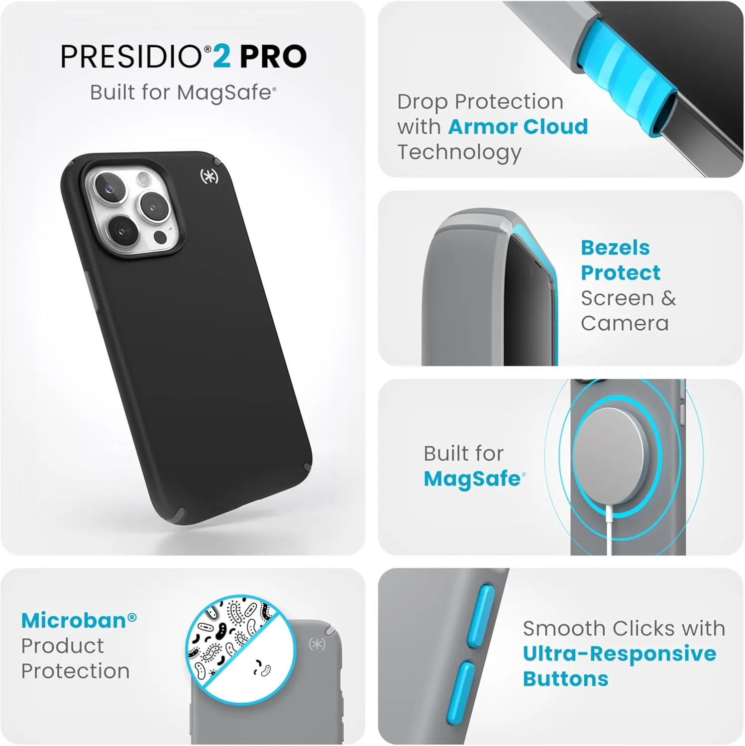 Speck iPhone 15 Pro Max Case - Built for MagSafe, Drop Protection - Scratch Resistant, Soft Touch, 6.7 Inch Phone Case - Presidio2 Pro Black/Slate Grey/White
