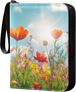 Spring Flowers Card Binder 4 Pocket Trading Card Album Fits 400 Sports/Game Cards, PU Cover 3 Ring Card Collection with 50 Removable Sleeves