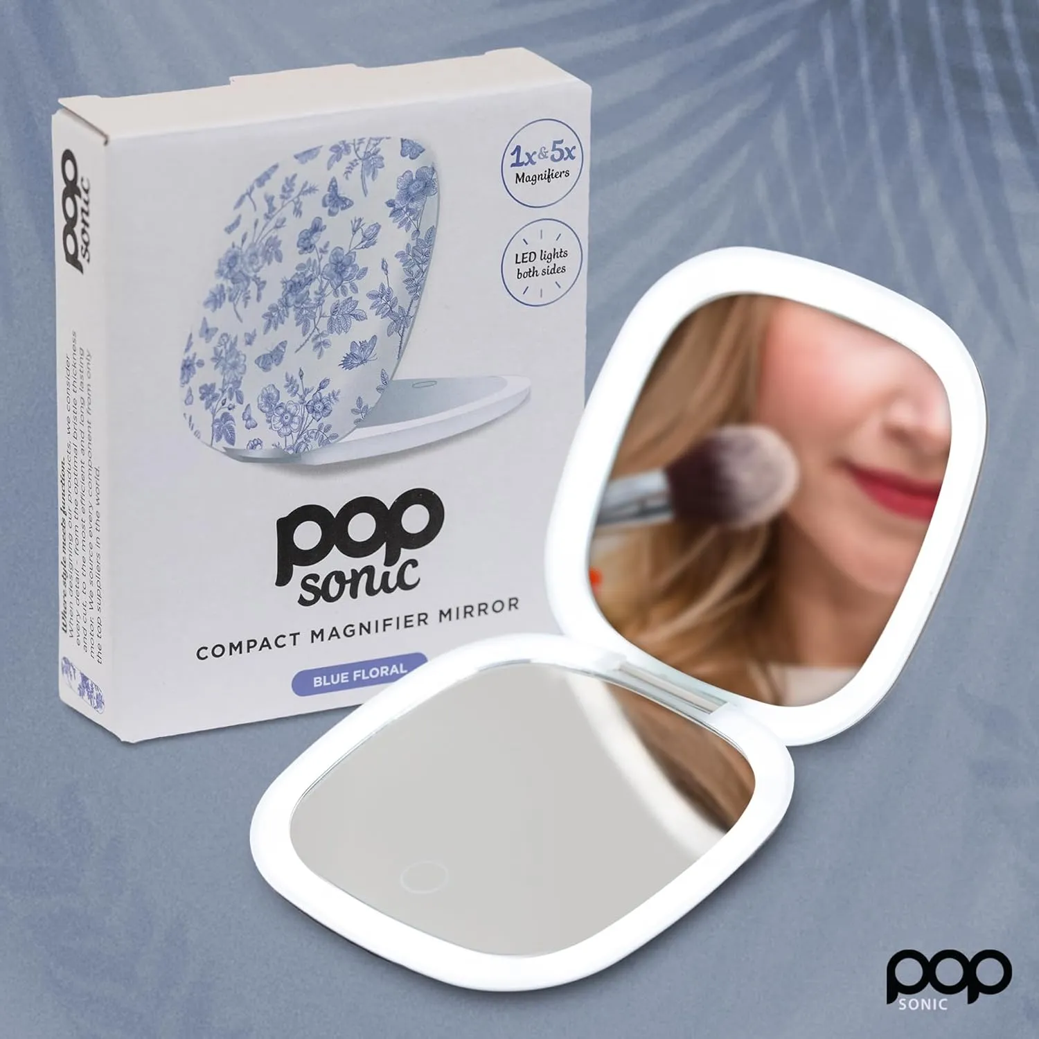 Square LED Compact Mirror - Adjustable Brightness Light Up Travel Mirror w/ 1x/5x Magnifiers - Portable Makeup Mirror w/Dual-Sided LED Lights (Blue Floral)