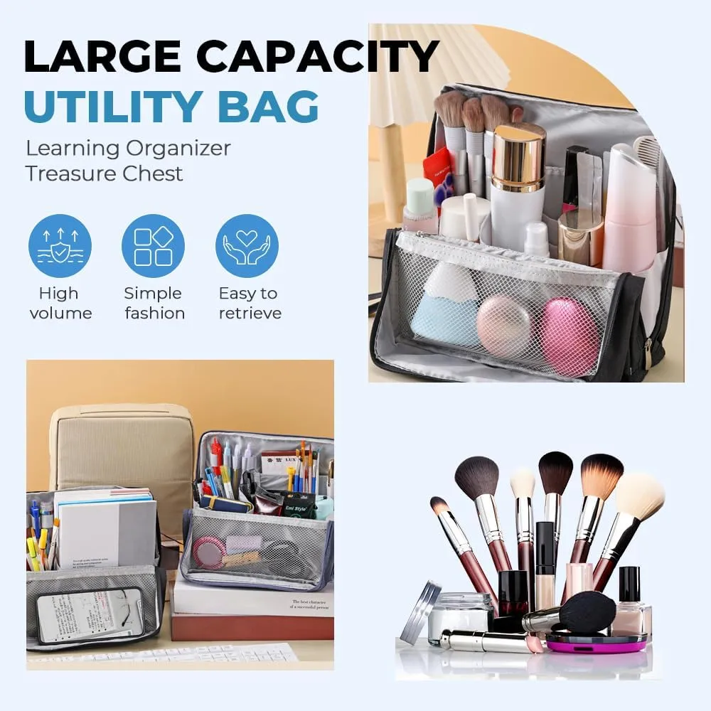 Standing Makeup Bag, 2025 New Upgraded Portable Large Capacity Pencil Cases, Multi-Purpose Waterproof Office Storage Makeup Bag Organizer with Compartments (Black)