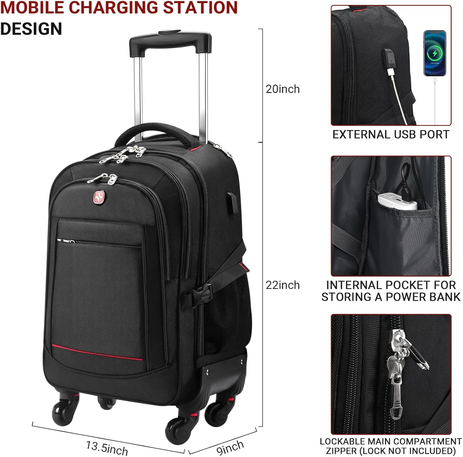StarCloud 4-Wheel Rolling Backpack 45L (22x14x9 in): 17.3-Inch Roller Travel Laptop Backpack for Business, Water-Resistant Carry-On Luggage, Airline Approved Suitcase for Travel and Commuting