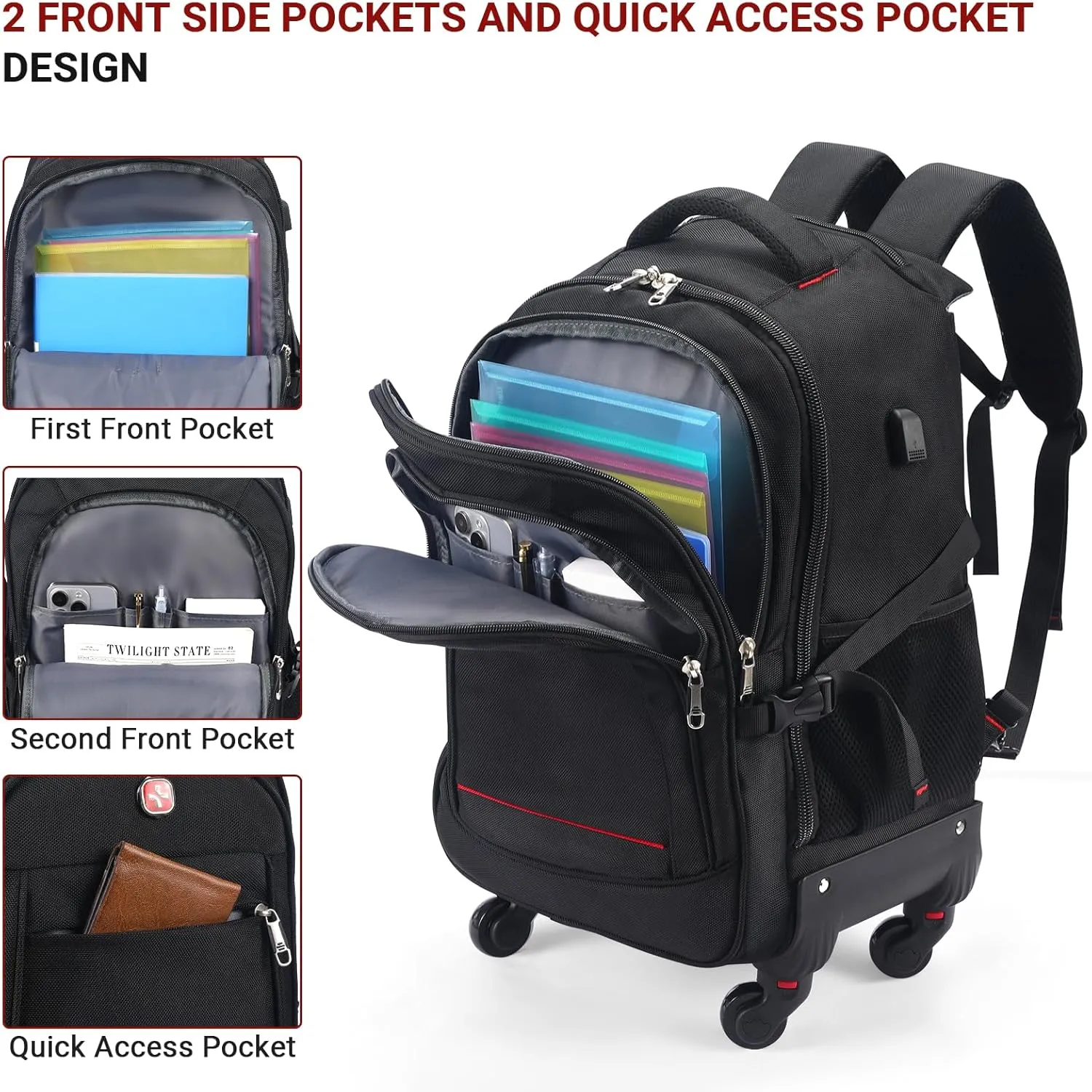 StarCloud 4-Wheel Rolling Backpack 45L (22x14x9 in): 17.3-Inch Roller Travel Laptop Backpack for Business, Water-Resistant Carry-On Luggage, Airline Approved Suitcase for Travel and Commuting
