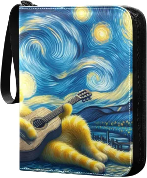 Starry Night Guitar Cat Card Binder 4 Pocket Trading Card Album Fits 400 Sports/Game Cards, PU Cover 3 Ring Card Collection with 50 Removable Sleeves