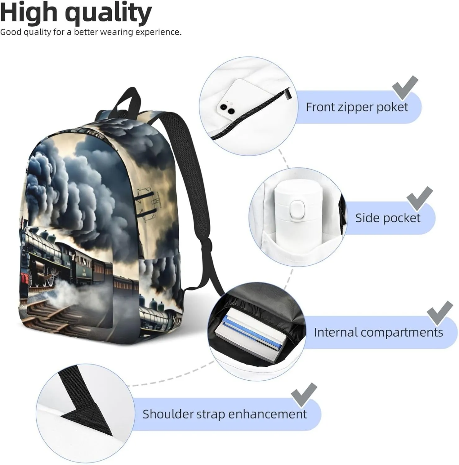 Steam Train Clouds print Duffel Bag, Lightweight Duffel Bag, Casual Backpack, 17.7 x 6.3 x 12.2 inches