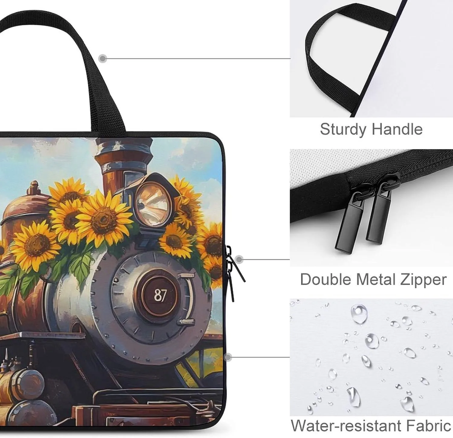 Steam Train with Sunflowers Laptop Sleeve Bag Computer Carrying Case Laptops Protective Cover for Travel Business