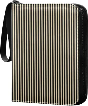 Stripes Khaki Black Card Binder 4 Pocket Trading Card Album Fits 400 Sports/Game Cards, PU Cover 3 Ring Card Collection with 50 Removable Sleeves