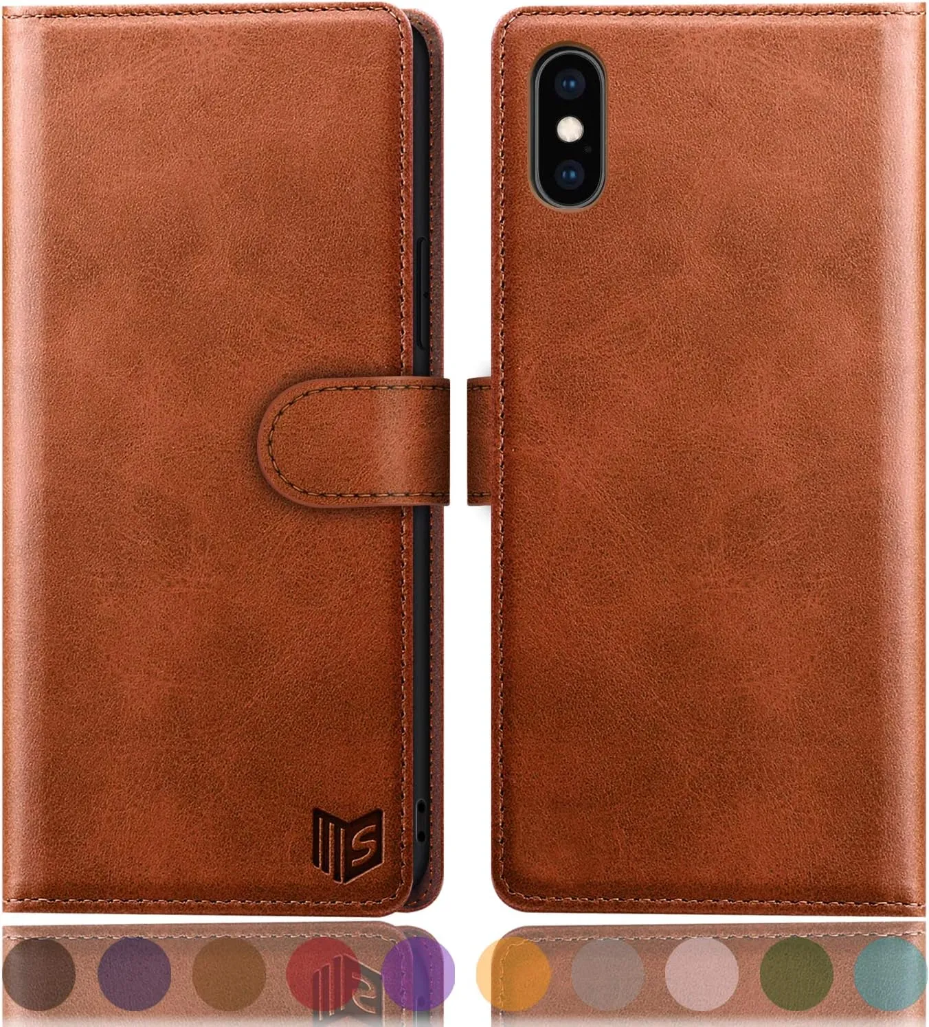 SUANPOT for iPhone X/XS 5.8" RFID Leather Wallet Case, Shockproof Flip Folio Cover, Card Holder - Light Brown