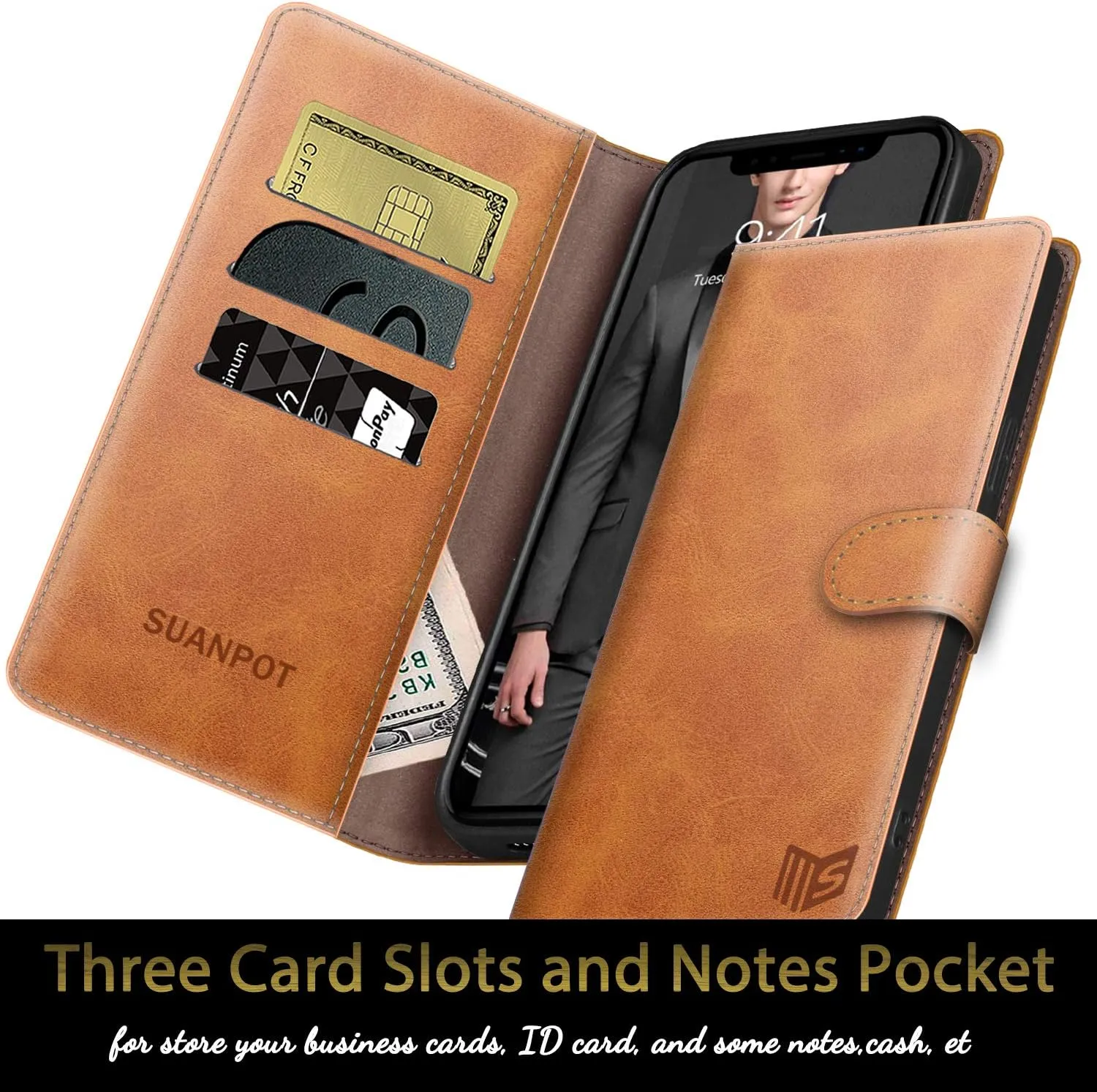 SUANPOT for iPhone X/XS 5.8" RFID Leather Wallet Case, Shockproof Flip Folio Cover, Card Holder - Light Brown
