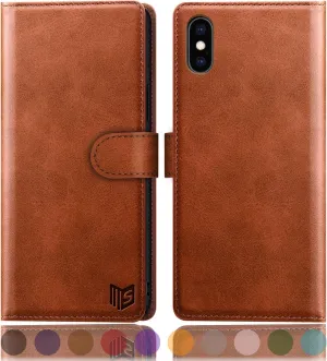 SUANPOT for iPhone X/XS 5.8" RFID Leather Wallet Case, Shockproof Flip Folio Cover, Card Holder - Light Brown