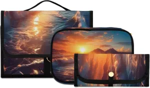 Sunset Beach Toiletry Bag 3 Pack Travel Make Up Bags Waterproof Cosmetic Bags Hanging Organizer Accessories for Women/Men