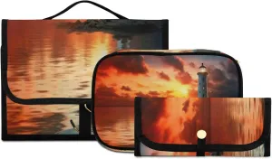 Sunset Light House Toiletry Bag 3 Pack Travel Make Up Bags Waterproof Cosmetic Bags Hanging Organizer Accessories for Women/Men