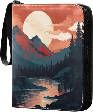 Sunset Mountain Painting Card Binder 4 Pocket Trading Card Album Fits 400 Sports/Game Cards, PU Cover 3 Ring Card Collection with 50 Removable Sleeves