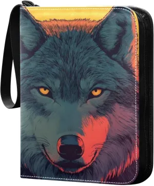 Sunset Wolf Card Binder 4 Pocket Trading Card Album Fits 400 Sports/Game Cards, PU Cover 3 Ring Card Collection with 50 Removable Sleeves