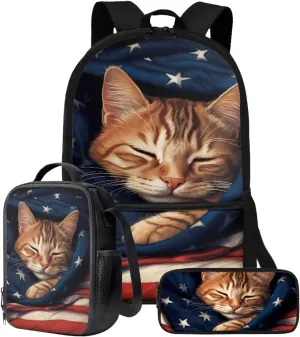 Suobstales Cat American Flag Print Kids Backpack for Boys Girls, Preschool Elementary School Bag Travel Bapack, 3Pcs Bookbag Set with Lunch Box Pencil Case