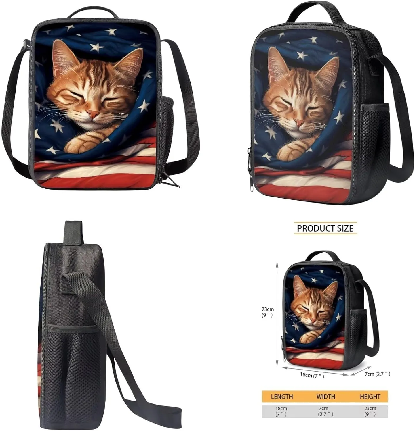 Suobstales Cat American Flag Print Kids Backpack for Boys Girls, Preschool Elementary School Bag Travel Bapack, 3Pcs Bookbag Set with Lunch Box Pencil Case