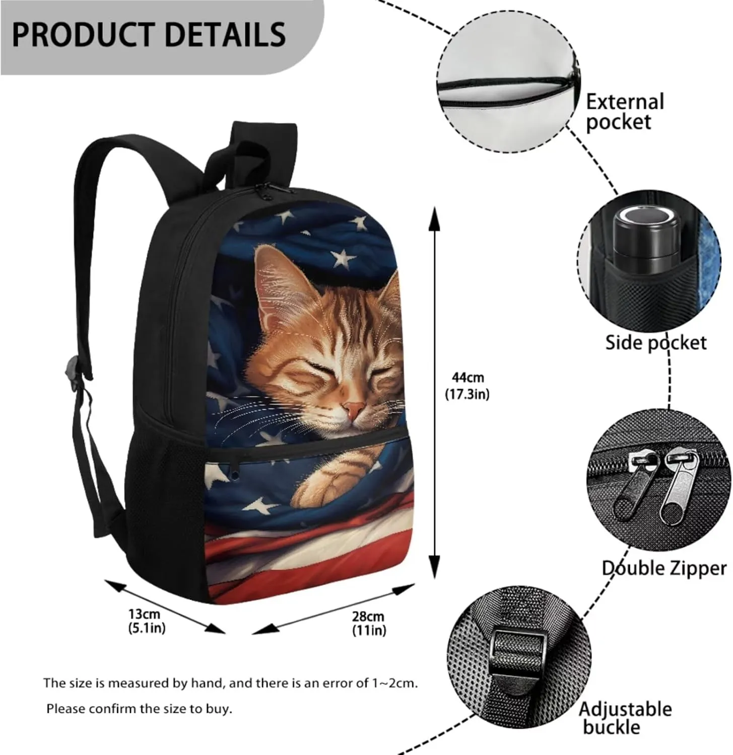 Suobstales Cat American Flag Print Kids Backpack for Boys Girls, Preschool Elementary School Bag Travel Bapack, 3Pcs Bookbag Set with Lunch Box Pencil Case