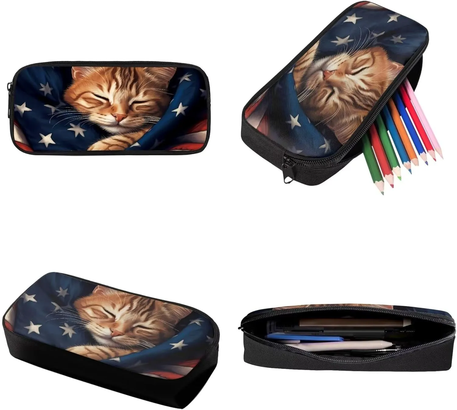 Suobstales Cat American Flag Print Kids Backpack for Boys Girls, Preschool Elementary School Bag Travel Bapack, 3Pcs Bookbag Set with Lunch Box Pencil Case