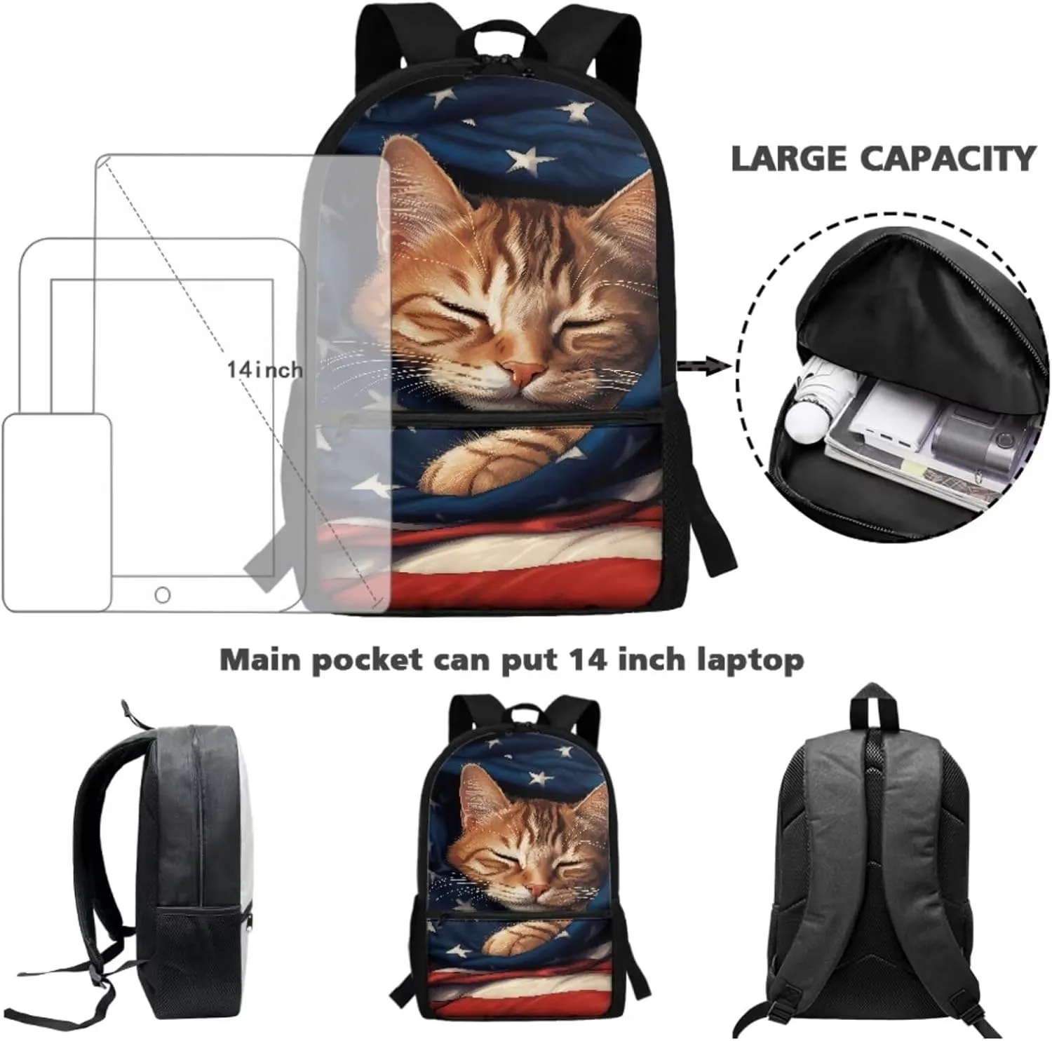 Suobstales Cat American Flag Print Kids Backpack for Boys Girls, Preschool Elementary School Bag Travel Bapack, 3Pcs Bookbag Set with Lunch Box Pencil Case