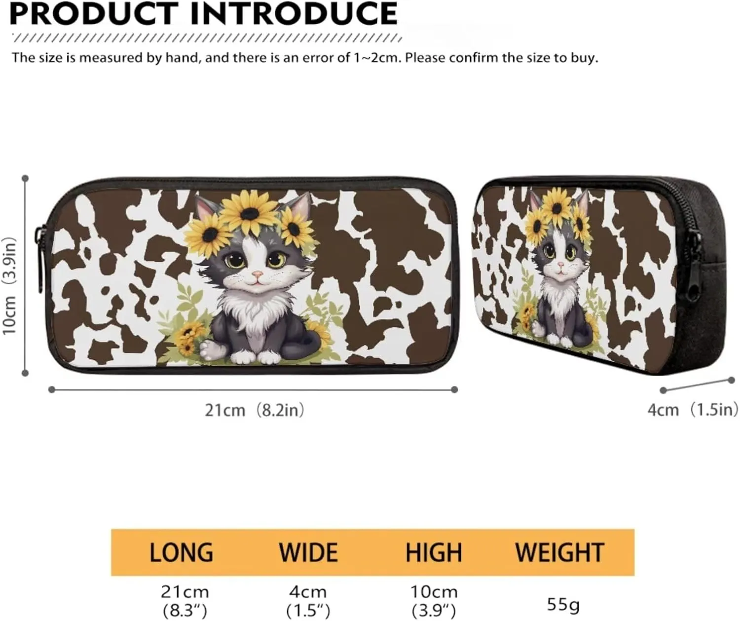 Suobstales Cat Sunflower Print 3 PCS Backpack Set for Girls Boys Kids Cow Pattern Large Capacity Student Schoolbags Bookbag with Cooler Lunch Box Pencil Case