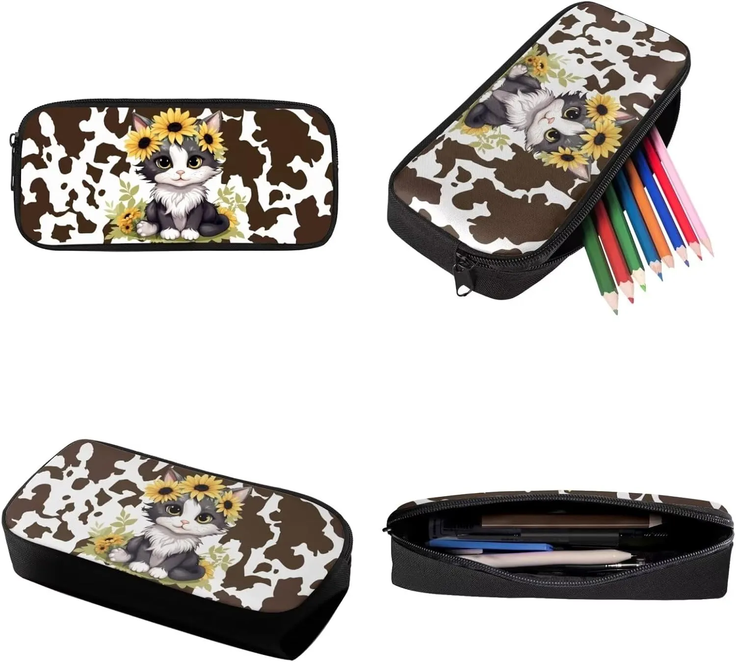 Suobstales Cat Sunflower Print 3 PCS Backpack Set for Girls Boys Kids Cow Pattern Large Capacity Student Schoolbags Bookbag with Cooler Lunch Box Pencil Case