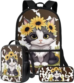 Suobstales Cat Sunflower Print 3 PCS Backpack Set for Girls Boys Kids Cow Pattern Large Capacity Student Schoolbags Bookbag with Cooler Lunch Box Pencil Case