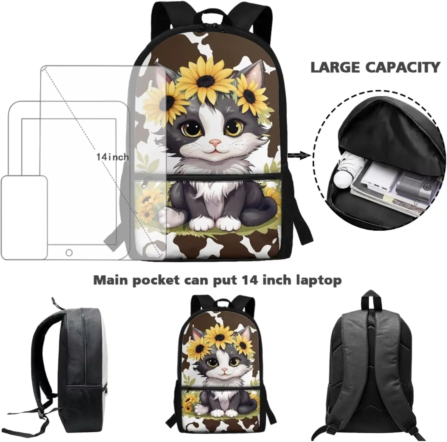 Suobstales Cat Sunflower Print 3 PCS Backpack Set for Girls Boys Kids Cow Pattern Large Capacity Student Schoolbags Bookbag with Cooler Lunch Box Pencil Case