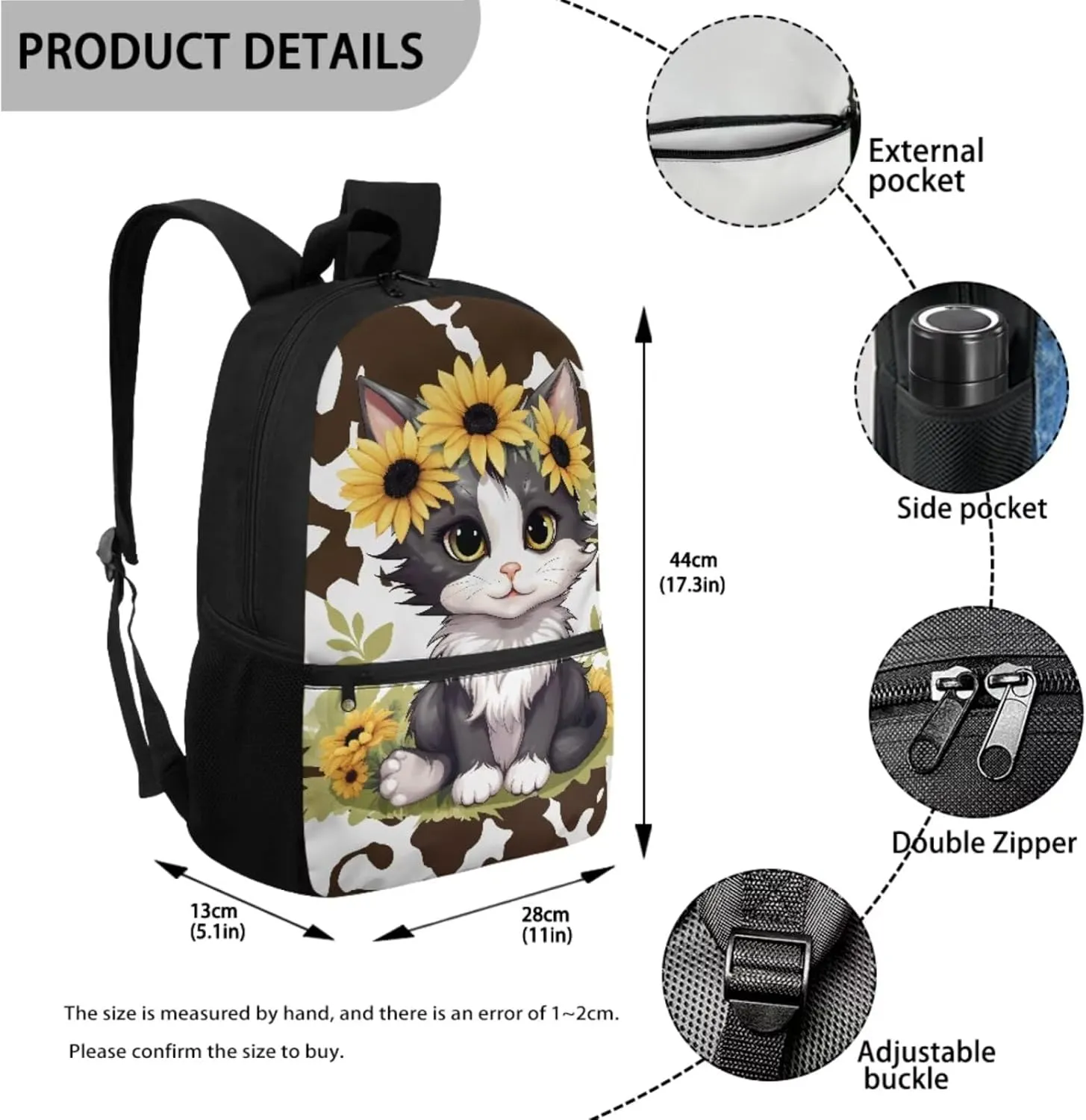 Suobstales Cat Sunflower Print 3 PCS Backpack Set for Girls Boys Kids Cow Pattern Large Capacity Student Schoolbags Bookbag with Cooler Lunch Box Pencil Case